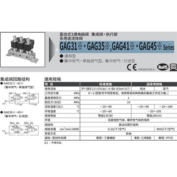 CKD喜開(kāi)理多種流體直動(dòng)式2通電磁集成閥GAG35N-3-10-DC 100V