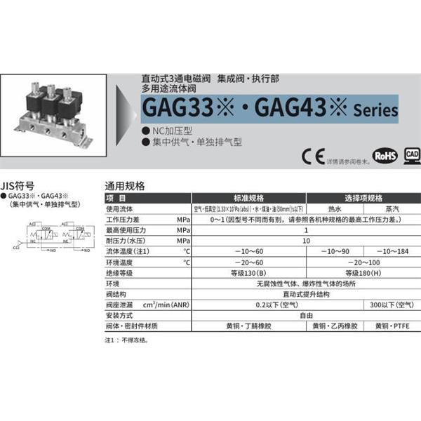 CKD喜開理多種流體直動式2通電磁集成閥GAG331-1-8-DC 24V