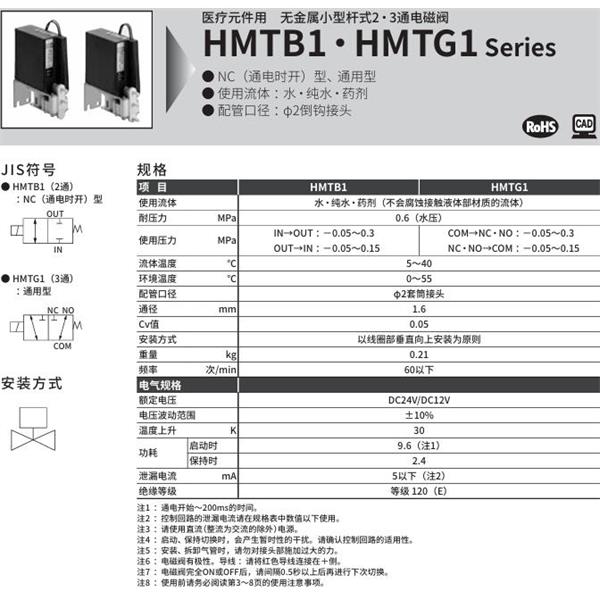 CKD喜開理醫療儀器用無金屬小型桿式2?3通電磁閥HMTB1-2TN-PN-DC12V