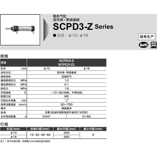 CKD喜開理筆形氣缸SCOD3-Z-00-10-50-I