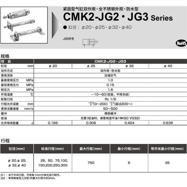 CKD喜開理緊固型氣缸CMK2-JG3-CC-25-50-I