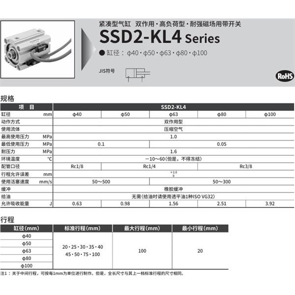 CKD喜開理緊湊型氣缸SSD2-KL4-50-40-V0-D-N-LB-I